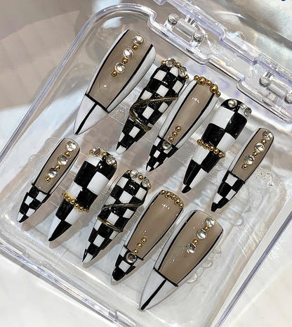 Black White Checkerboard Press-On Nails | Rhinestone Gold Bead Stiletto Set