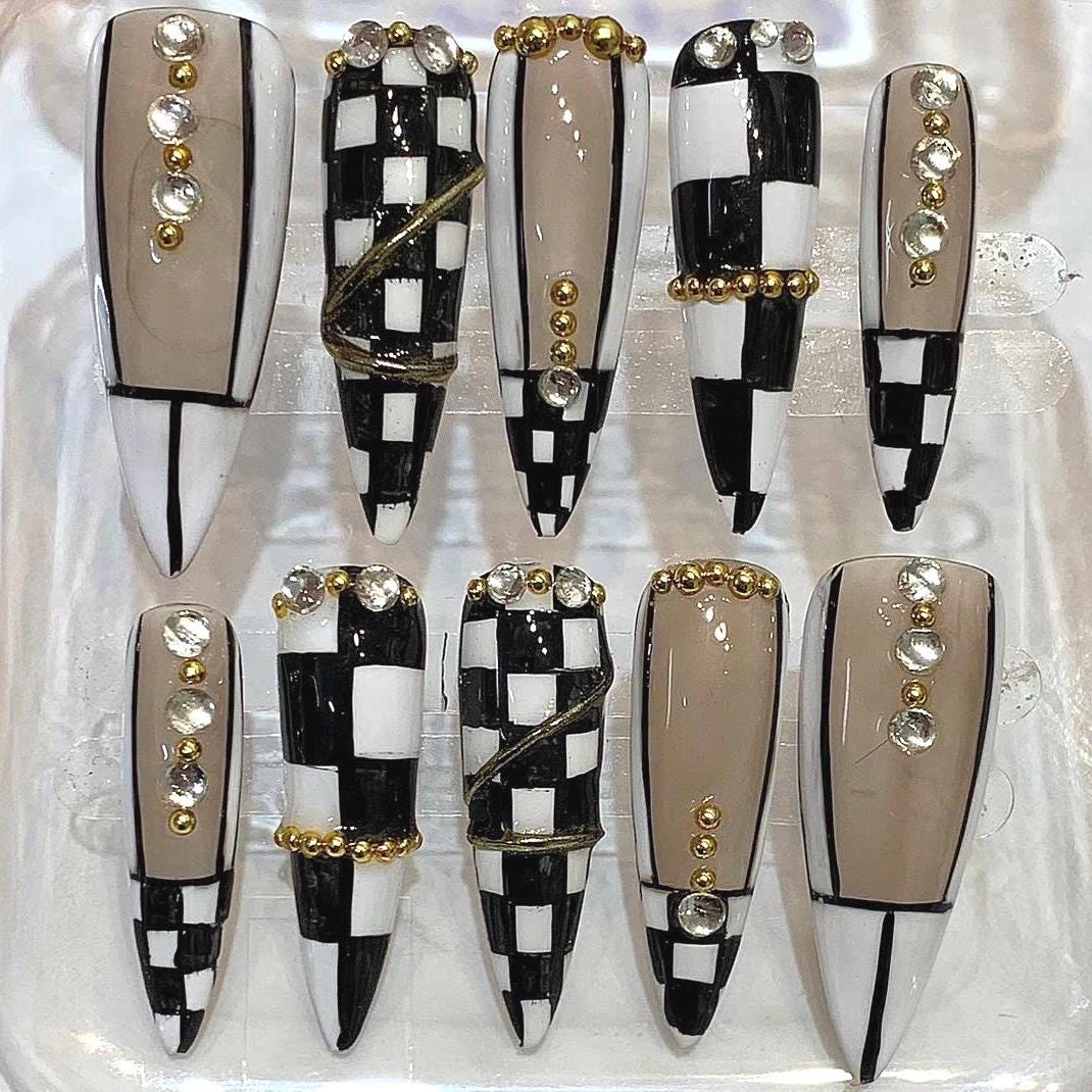Black White Checkerboard Press-On Nails | Rhinestone Gold Bead Stiletto Set