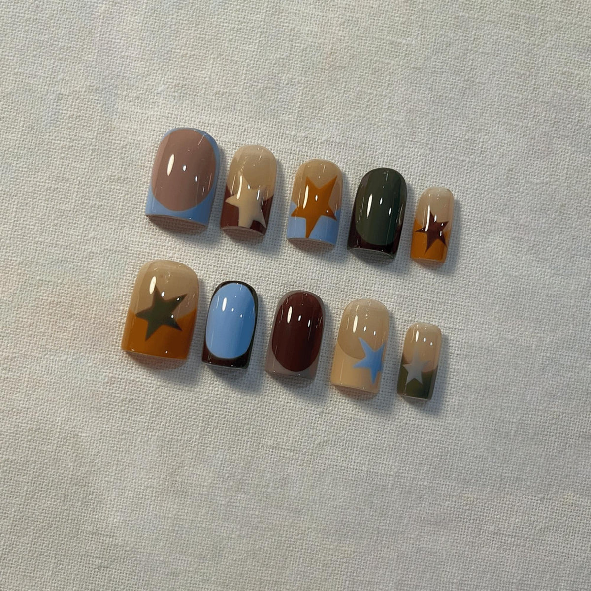 Retro Star Press On Nails, Brown Blue Abstract Nails, Soft Retro Nails, Reusable Gel Nails, Short Square Nails