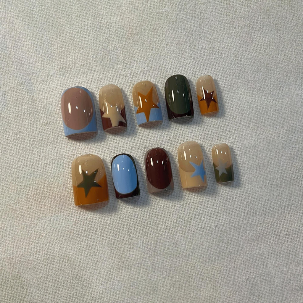 Retro Star Press On Nails, Brown Blue Abstract Nails, Soft Retro Nails, Reusable Gel Nails, Short Square Nails