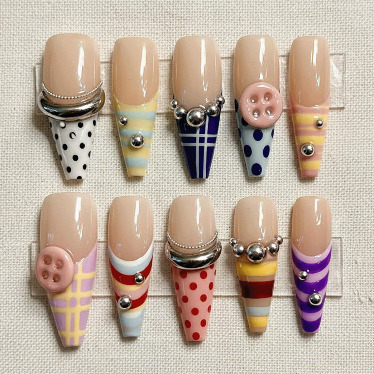 Retro Striped Press On Nails, Colorful Polka Dot Nails, Handmade 3D Button Nails, Abstract Nails, Summer Nails