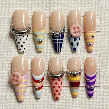 Retro Striped Press On Nails, Colorful Polka Dot Nails, Handmade 3D Button Nails, Abstract Nails, Summer Nails