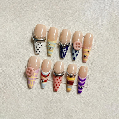Retro Striped Press On Nails, Colorful Polka Dot Nails, Handmade 3D Button Nails, Abstract Nails, Summer Nails