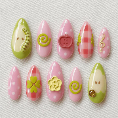 Kawaii Coquette Press On Nails, 3D Apple Pastel Nails, Pink Green Gingham Nails, Cute Polka Dot Nails, Handmade Fake Nails