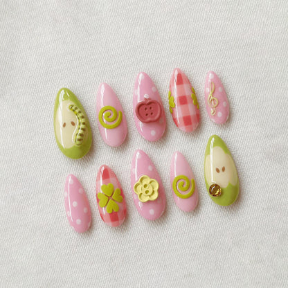 Kawaii Coquette Press On Nails, 3D Apple Pastel Nails, Pink Green Gingham Nails, Cute Polka Dot Nails, Handmade Fake Nails