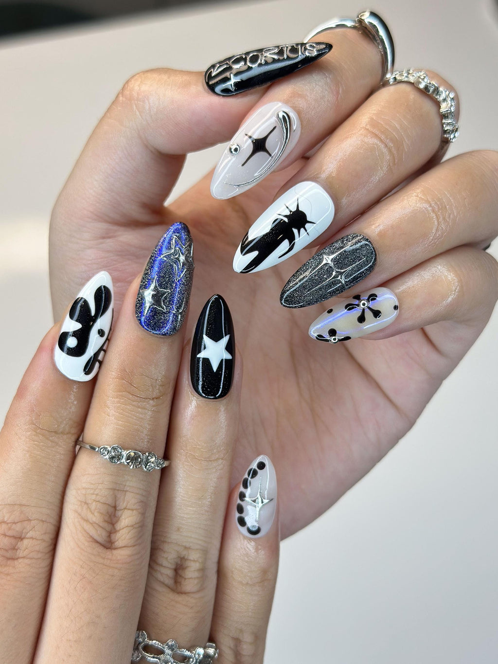 K-Pop Inspired Idol Press-On Nails | Fan Collectible Edition | Luxury 3D Star & Chrome Stiletto Art | Y2K Cyberpunk Aesthetic | JB380IC