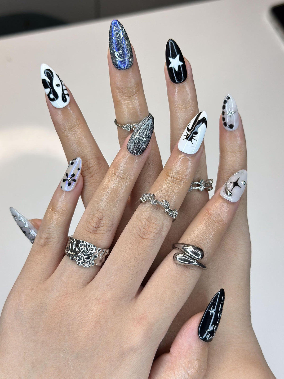 K-Pop Inspired Idol Press-On Nails | Fan Collectible Edition | Luxury 3D Star & Chrome Stiletto Art | Y2K Cyberpunk Aesthetic | JB380IC