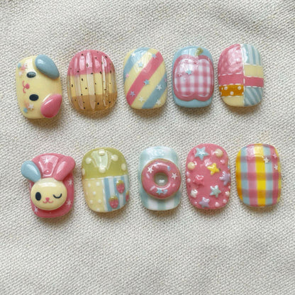 Kawaii Pastel Press On Nails, 3D Bunny Donut Nails, Cute Coquette Dessert Nails, Strawberry Gingham Nails, Handmade Summer Nails