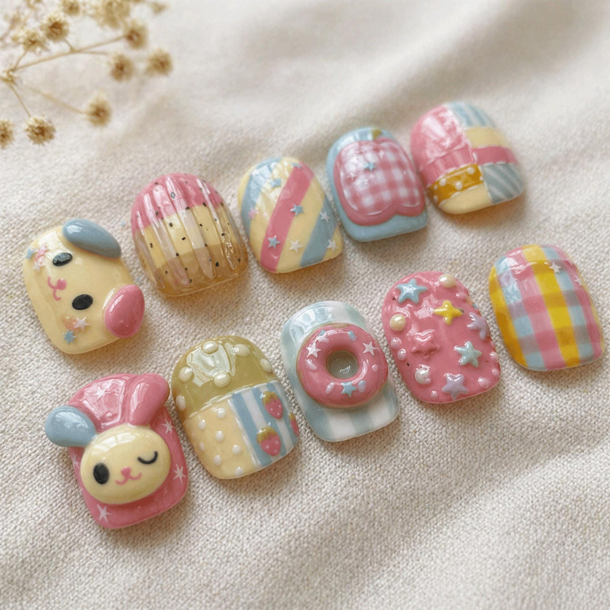 Kawaii Pastel Press On Nails, 3D Bunny Donut Nails, Cute Coquette Dessert Nails, Strawberry Gingham Nails, Handmade Summer Nails