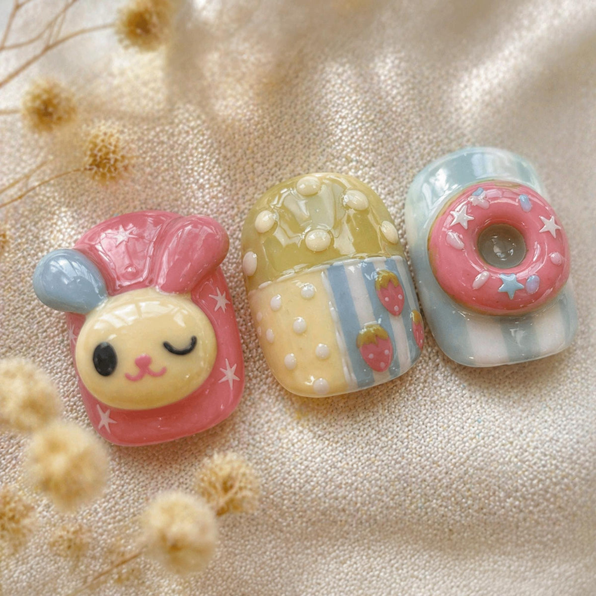 Kawaii Pastel Press On Nails, 3D Bunny Donut Nails, Cute Coquette Dessert Nails, Strawberry Gingham Nails, Handmade Summer Nails