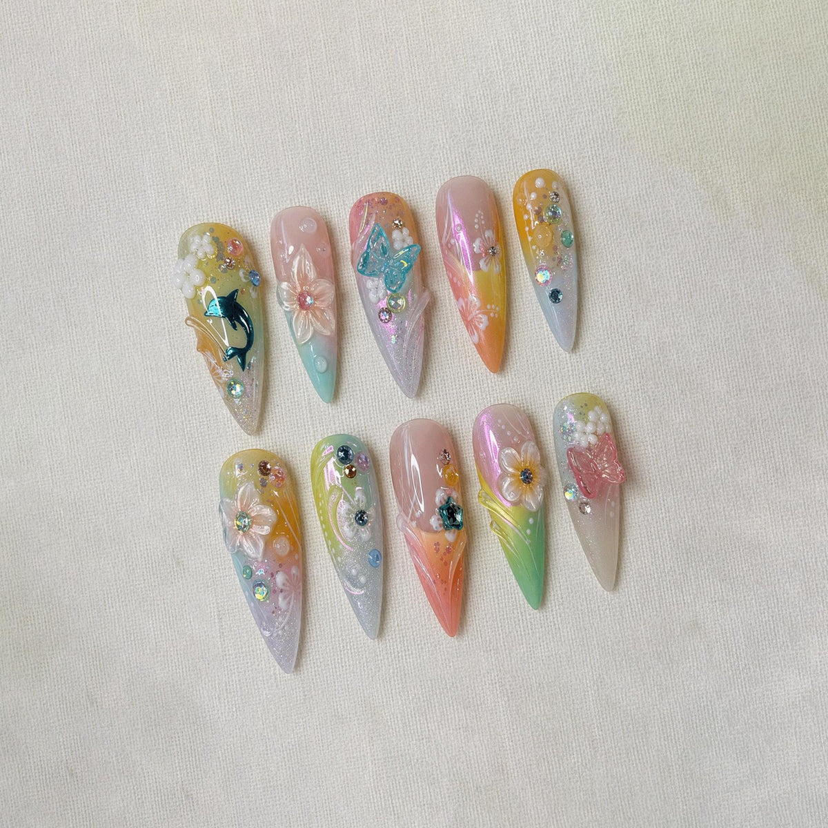 Mermaid Kawaii Press On Nails, Pastel Dreamy Beach Nail Art, Handmade Butterfly Flower Nails, Vacation Nails