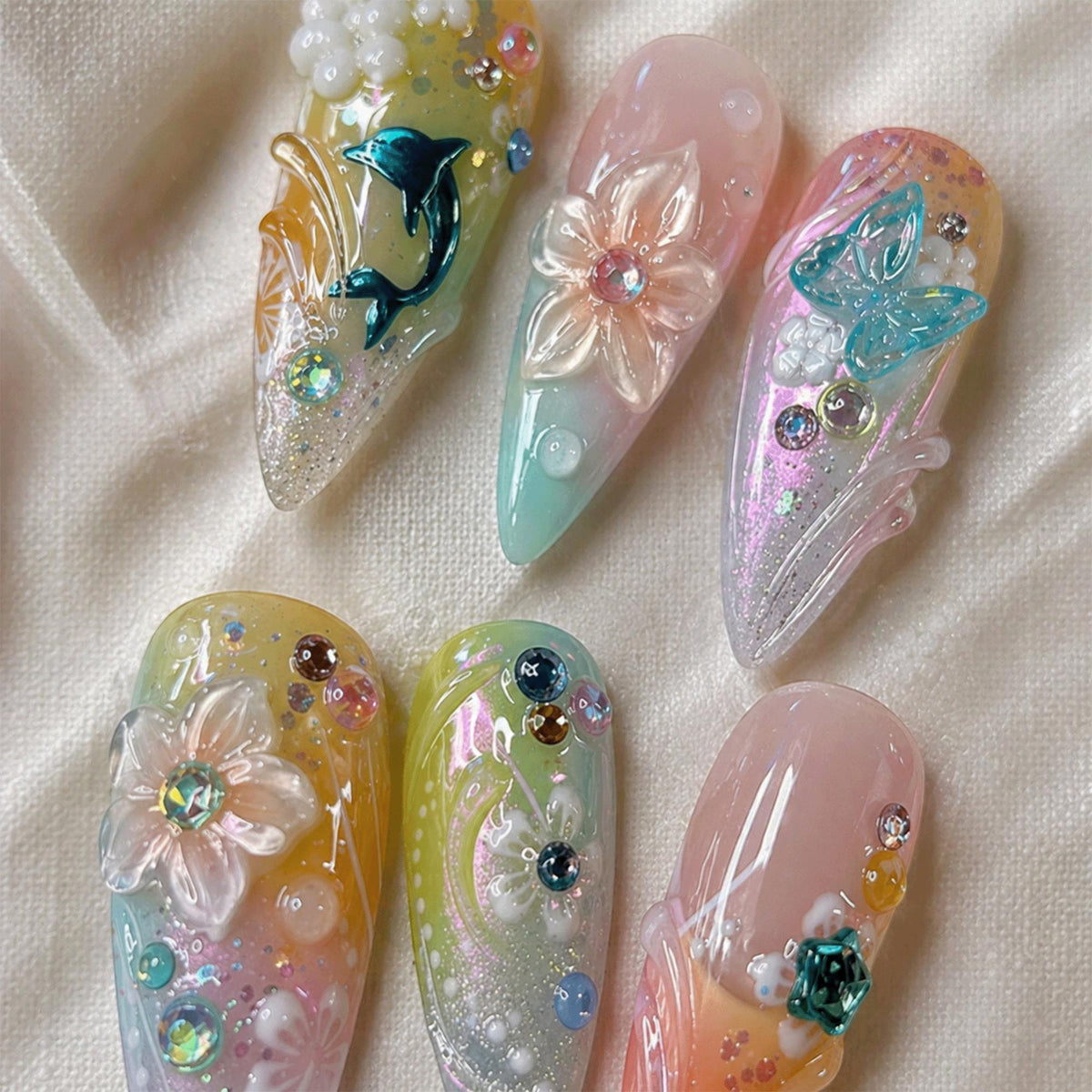 Mermaid Kawaii Press On Nails, Pastel Dreamy Beach Nail Art, Handmade Butterfly Flower Nails, Vacation Nails