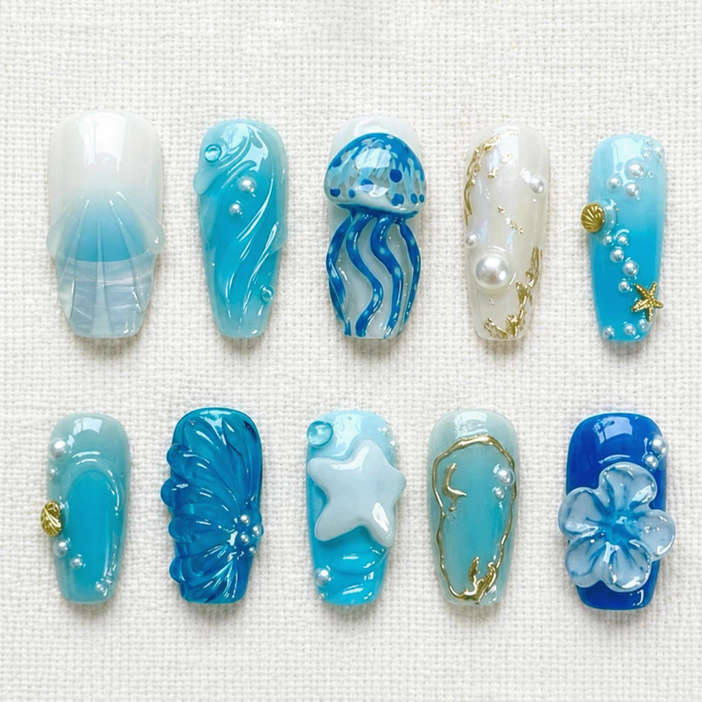Mermaid Ocean Press On Nails, 3D Jellyfish Shell Nails, Pearl Starfish Nails, Blue Beach Nails, Summer Vacation Nails