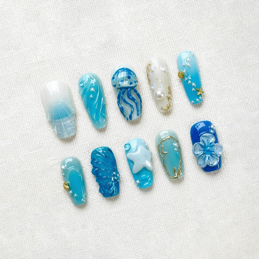 Mermaid Ocean Press On Nails, 3D Jellyfish Shell Nails, Pearl Starfish Nails, Blue Beach Nails, Summer Vacation Nails