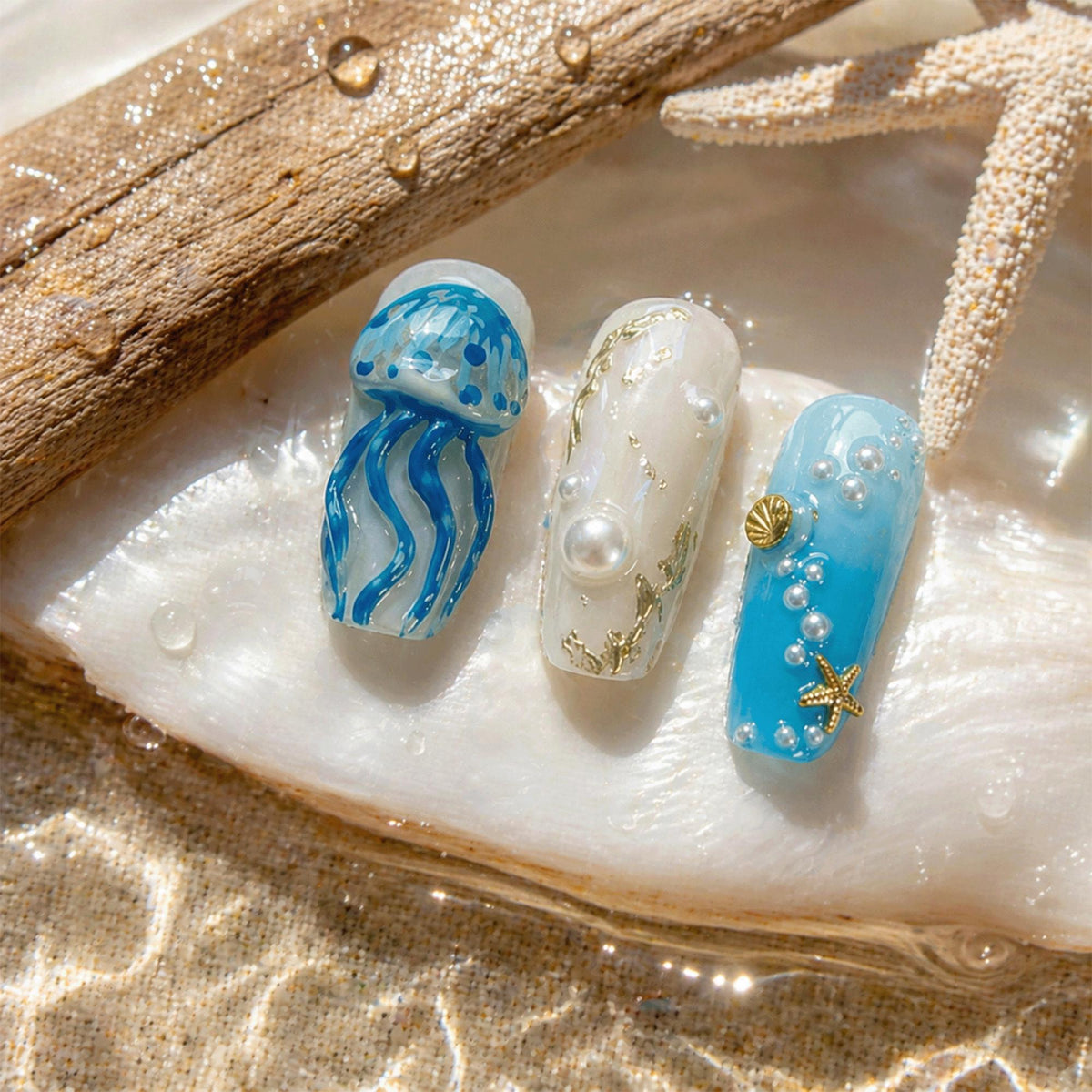 Mermaid Ocean Press On Nails, 3D Jellyfish Shell Nails, Pearl Starfish Nails, Blue Beach Nails, Summer Vacation Nails
