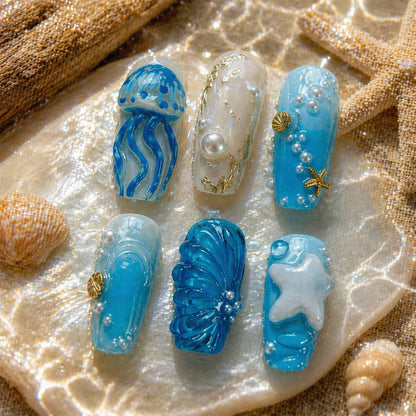 Mermaid Ocean Press On Nails, 3D Jellyfish Shell Nails, Pearl Starfish Nails, Blue Beach Nails, Summer Vacation Nails