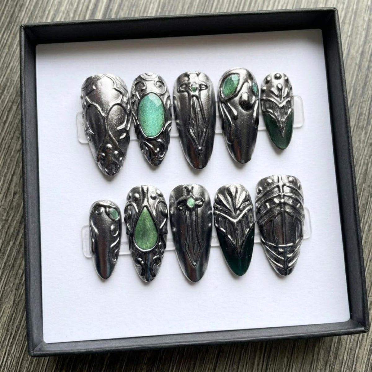 Dark Fantasy Armor Knight Press On Nails | Art Nouveau Goth Medium Almond | 3D Sculpted Silver Sword Nails | Medieval Grunge Aesthetic Nails