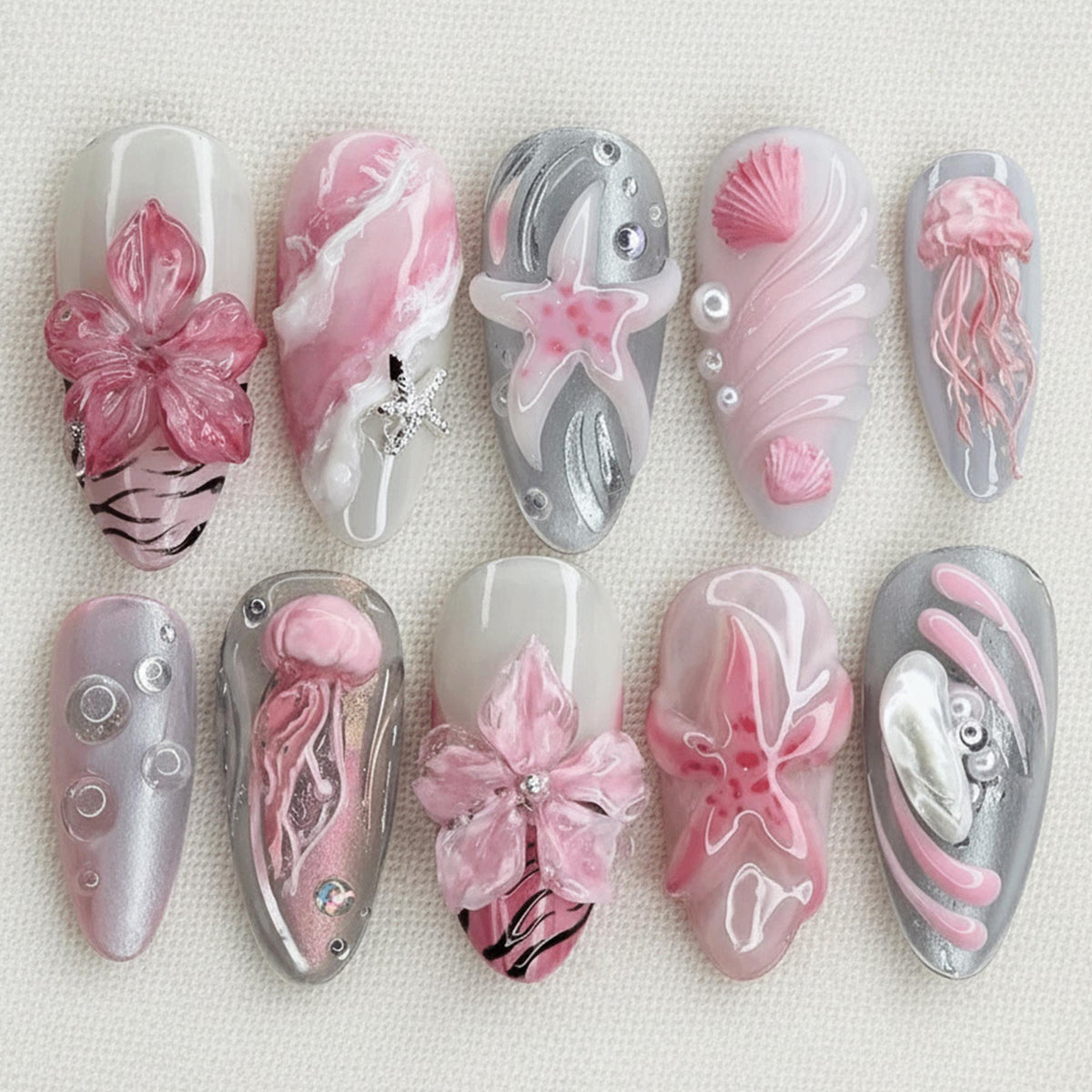 Kawaii Mermaid Summer Press On Nails, Pink Sea Creature Nails, 3D Jellyfish Gel Nails, Beach Vacation Press Ons