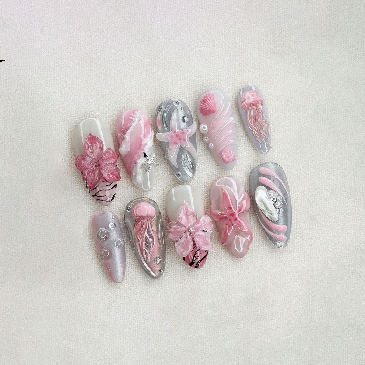 Kawaii Mermaid Summer Press On Nails, Pink Sea Creature Nails, 3D Jellyfish Gel Nails, Beach Vacation Press Ons