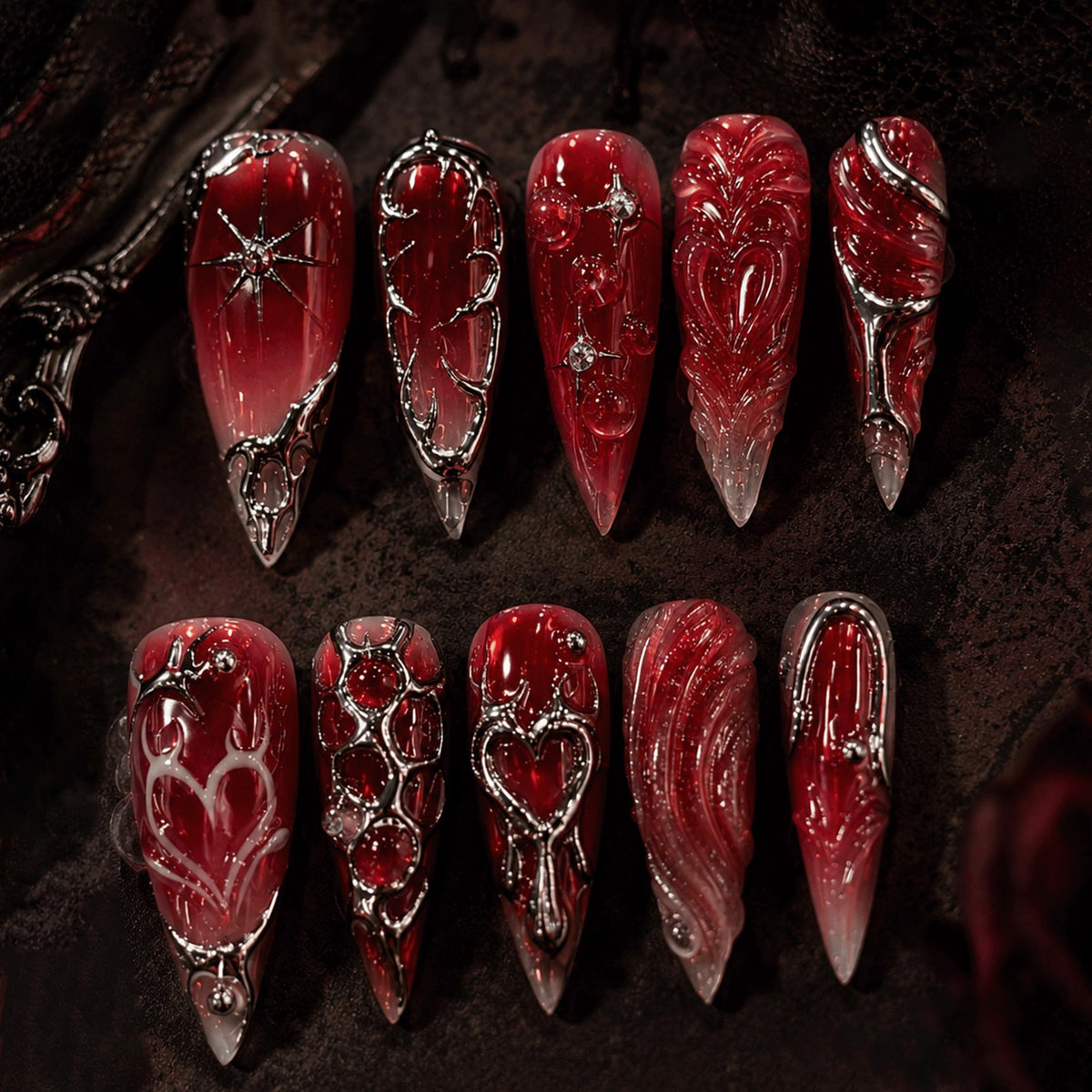 Dark Red Gothic Press On Nails, Y2K Vampire Chrome Nails, Blood Red Aura Nails, Cyber Heart Stiletto Nails, Handmade Alternative Nails