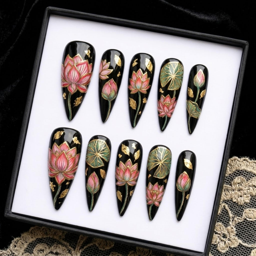 Lotus Flower Press On Nails | Luxury Gothic Stiletto Nails | Lotus, Lily Pad, Gold Leaf & Botanical Nail | Hand Painted Nail Art Set