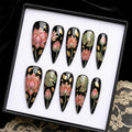 Lotus Flower Press On Nails | Luxury Gothic Stiletto Nails | Lotus, Lily Pad, Gold Leaf & Botanical Nail | Hand Painted Nail Art Set
