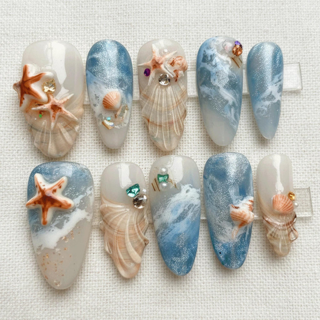 Summer Ocean Press On Nails, Mermaid Beach Nails, 3D Starfish Shell Nails, Coastal Aesthetic