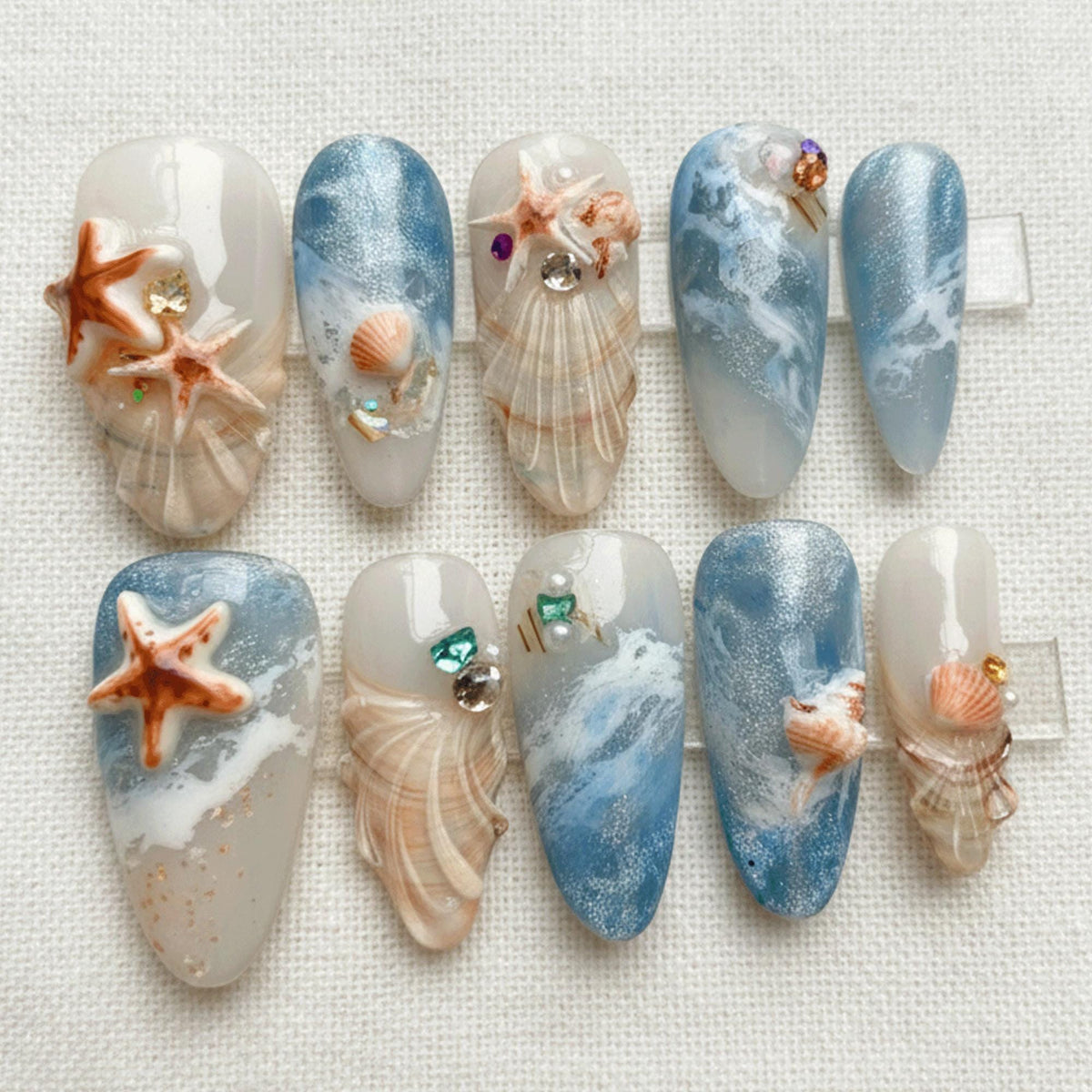 Summer Ocean Press On Nails, Mermaid Beach Nails, 3D Starfish Shell Nails, Coastal Aesthetic