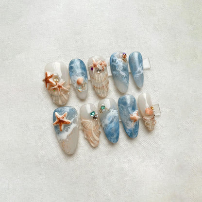 Summer Ocean Press On Nails, Mermaid Beach Nails, 3D Starfish Shell Nails, Coastal Aesthetic