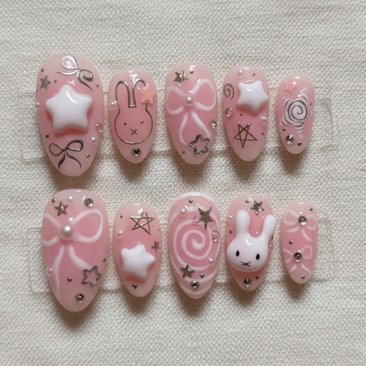 Pink Kawaii Press On Nails, 3D Bunny Star Nails, Cute Bow Pink Nails, Handmade Gel Nails