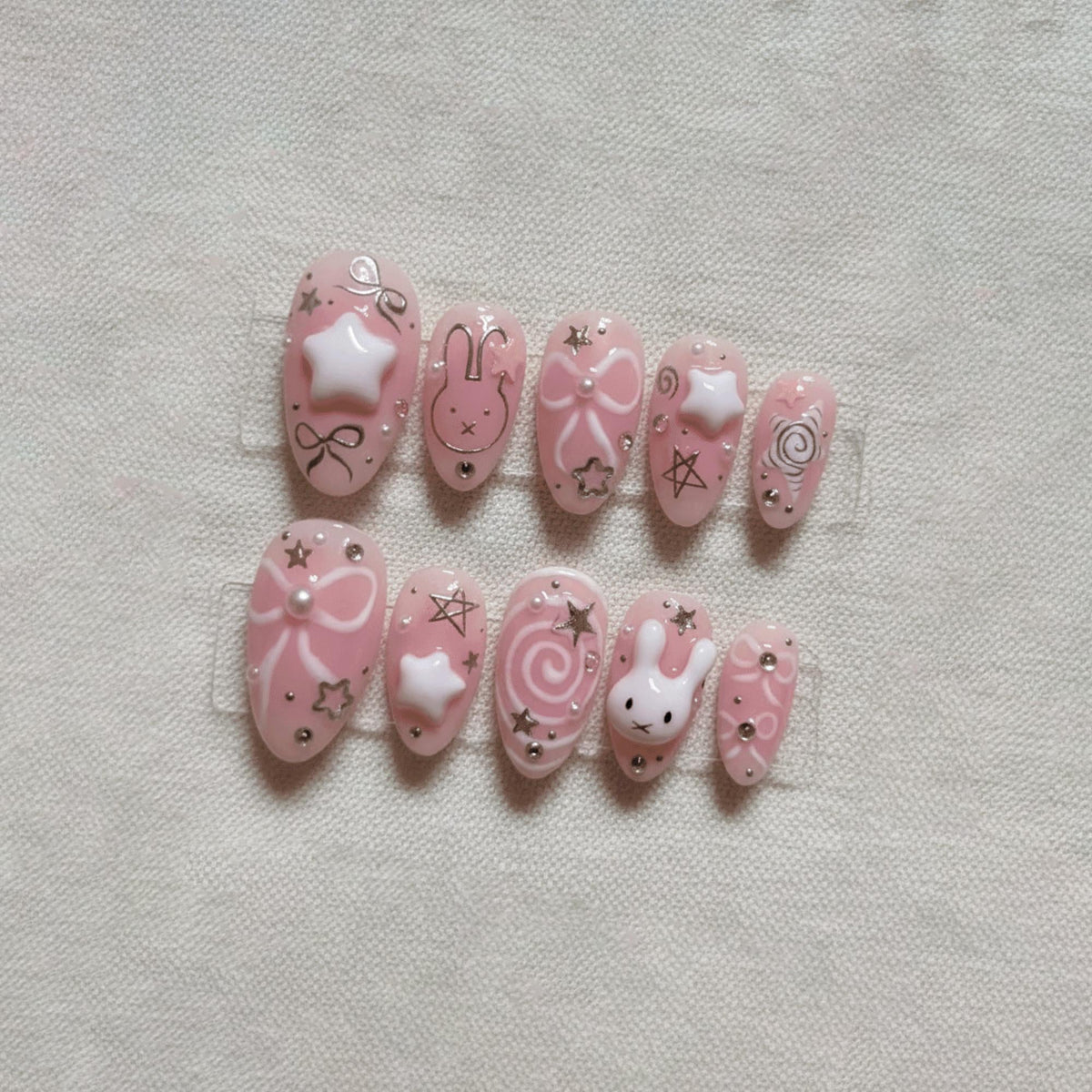 Pink Kawaii Press On Nails, 3D Bunny Star Nails, Cute Bow Pink Nails, Handmade Gel Nails