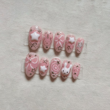 Pink Kawaii Press On Nails, 3D Bunny Star Nails, Cute Bow Pink Nails, Handmade Gel Nails