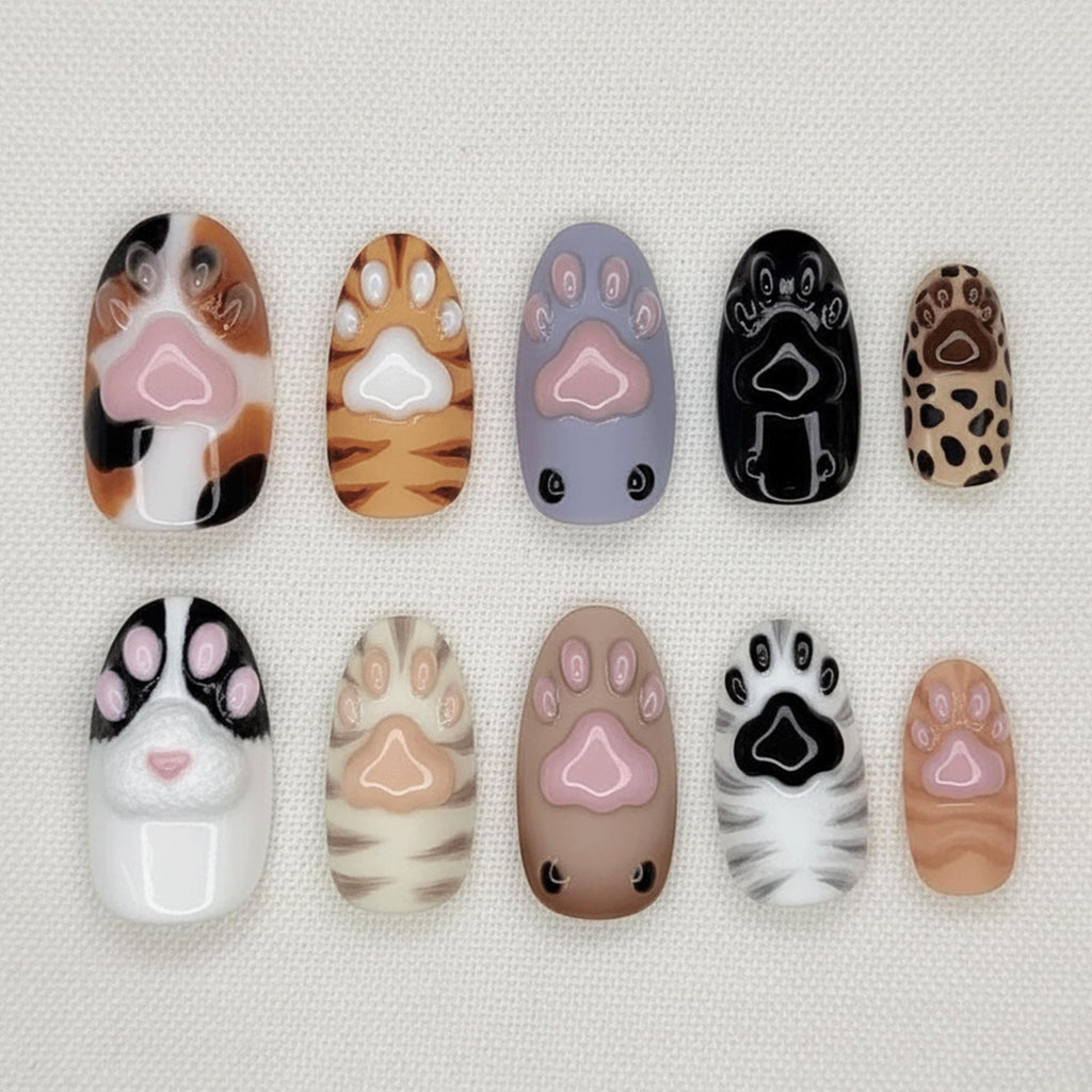 Cat Paw Press On Nails, Kawaii Animal Nails, 3D Paw Print Nails, Cute Mixed Cat Design, Handmade Japanese Fake Nails
