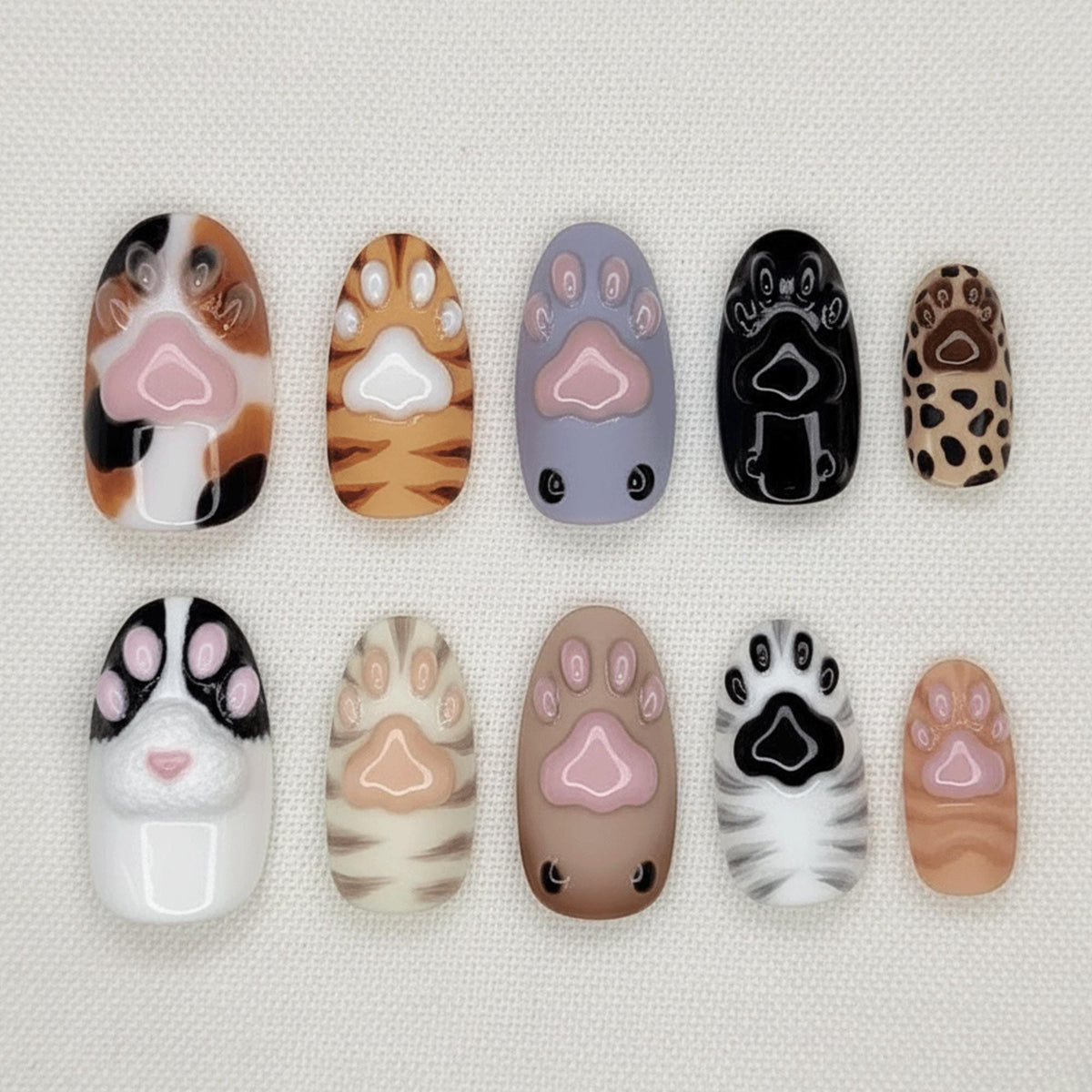 Cat Paw Press On Nails, Kawaii Animal Nails, 3D Paw Print Nails, Cute Mixed Cat Design, Handmade Japanese Fake Nails