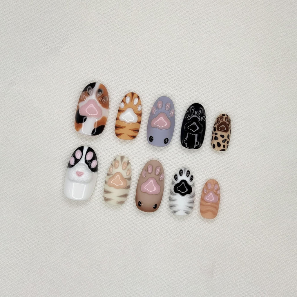 Cat Paw Press On Nails, Kawaii Animal Nails, 3D Paw Print Nails, Cute Mixed Cat Design, Handmade Japanese Fake Nails