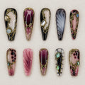 Gothic Luxury Press On Nails, Y2K Cyber Marble Nails, Dark Red Black Gold Nails, Gold Chrome Nail Designs