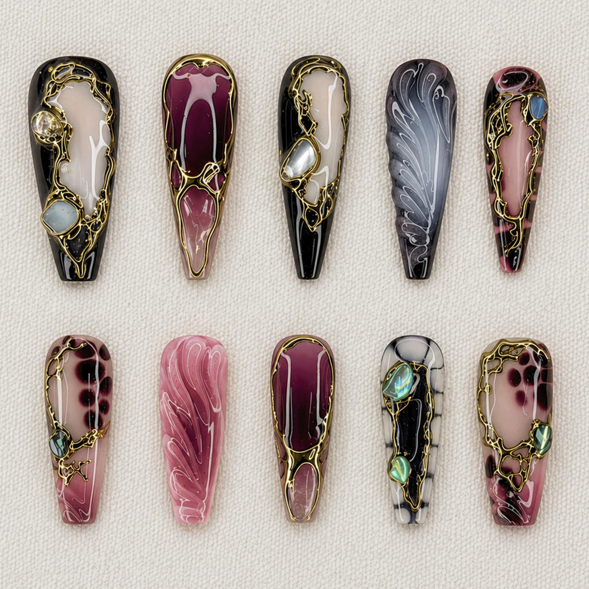 Gothic Luxury Press On Nails, Y2K Cyber Marble Nails, Dark Red Black Gold Nails, Gold Chrome Nail Designs