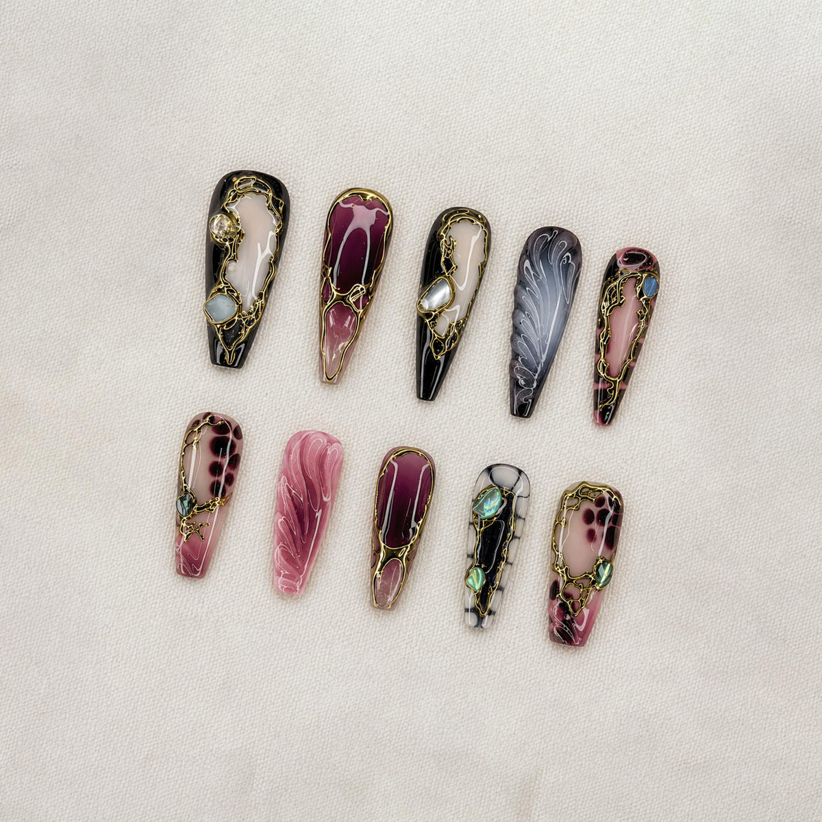 Gothic Luxury Press On Nails, Y2K Cyber Marble Nails, Dark Red Black Gold Nails, Gold Chrome Nail Designs