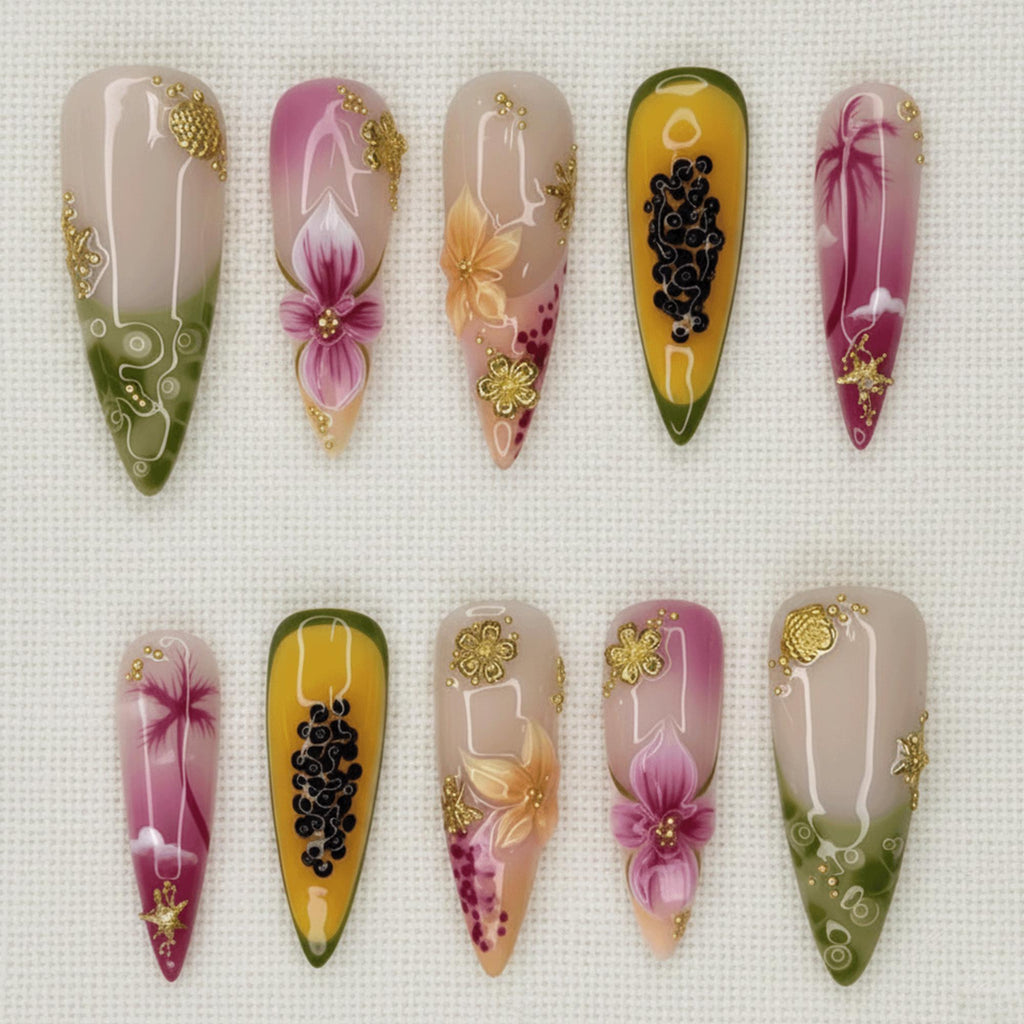 Tropical Fruit Press On Nails, Papaya Nail Set, Hibiscus Flower Nails, Summer Vacation Nails, Handmade Long Nails