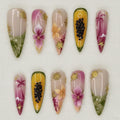 Tropical Fruit Press On Nails, Papaya Nail Set, Hibiscus Flower Nails, Summer Vacation Nails, Handmade Long Nails