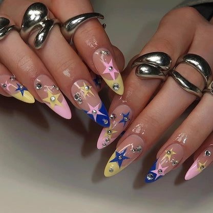 Y2K Star Press On Nails, Pink Blue Fake Nails, Retro Star Nails, Kawaii Chrome Nails