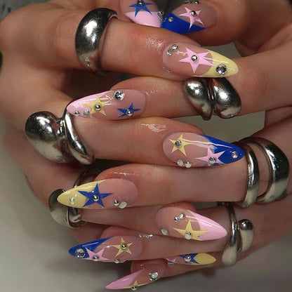 Y2K Star Press On Nails, Pink Blue Fake Nails, Retro Star Nails, Kawaii Chrome Nails