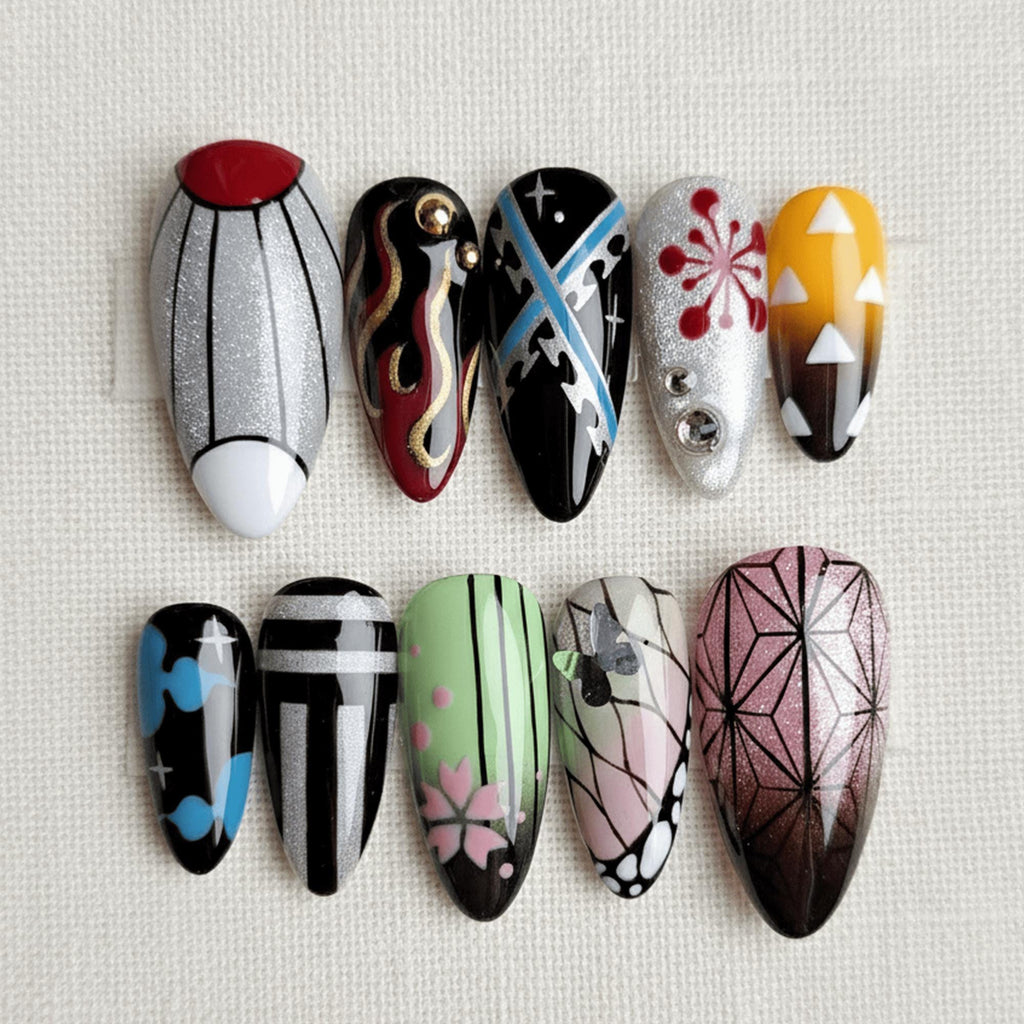 Demon Anime Press On Nails, Japanese Manga Inspired Nails, Hand Painted Character Nails, Otaku Nail Art