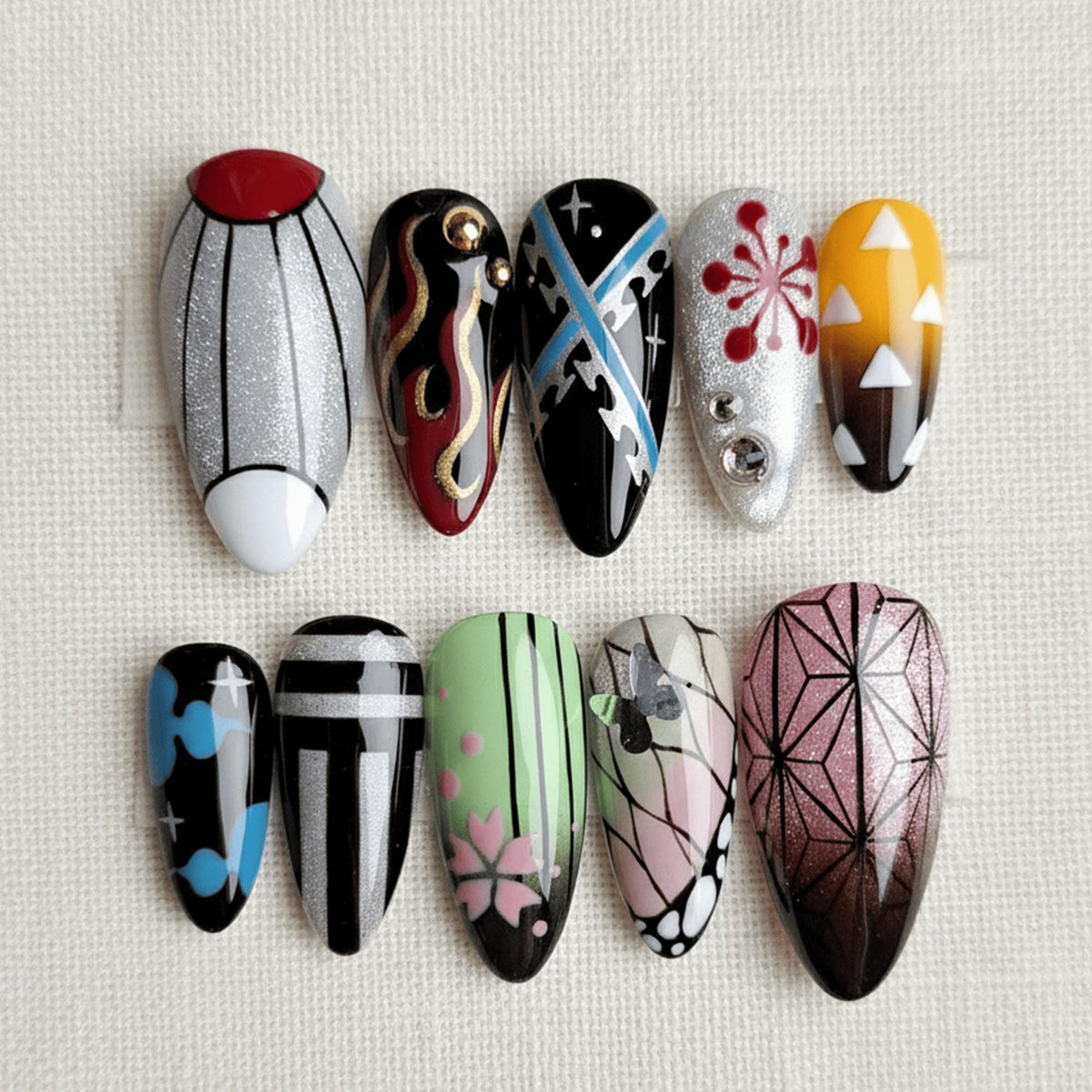 Demon Anime Press On Nails, Japanese Manga Inspired Nails, Hand Painted Character Nails, Otaku Nail Art