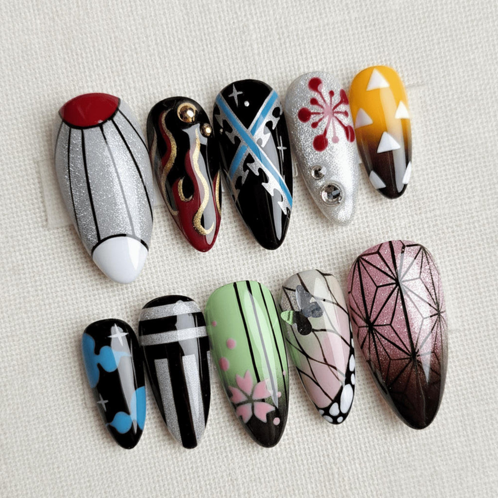 Demon Anime Press On Nails, Japanese Manga Inspired Nails, Hand Painted Character Nails, Otaku Nail Art