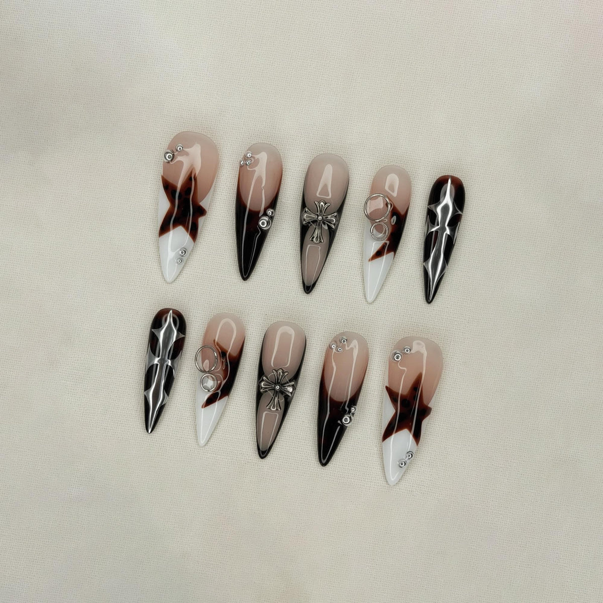 Cyber Gothic Press On Nails, Star Y2K Alt Nails, Chrome Cross Nails, Grunge Tortoise Nail Designs, Edgy French Tip Fake Nails