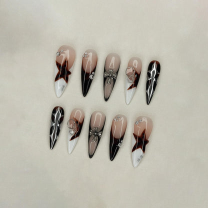 Cyber Gothic Press On Nails, Star Y2K Alt Nails, Chrome Cross Nails, Grunge Tortoise Nail Designs, Edgy French Tip Fake Nails