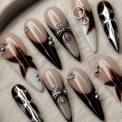 Cyber Gothic Press On Nails, Star Y2K Alt Nails, Chrome Cross Nails, Grunge Tortoise Nail Designs, Edgy French Tip Fake Nails