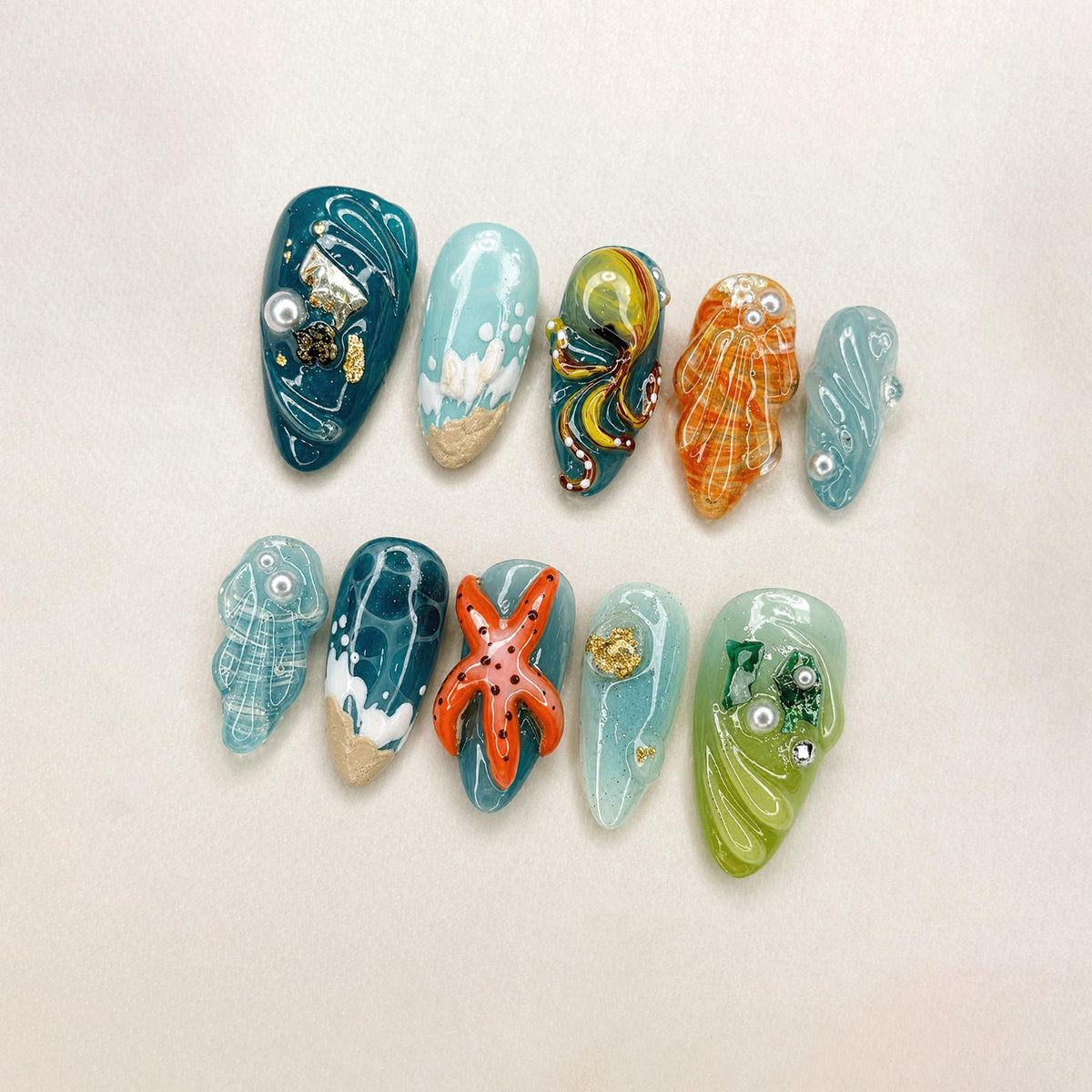 Mermaid Ocean Theme Press On Nails, 3D Sea Creatures Nails, Jellyfish Starfish Nails, Handmade Beach Nails