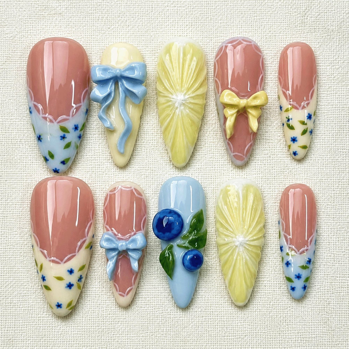 3D Fruit Summer Press On Nails, Blueberry Lemon Nail Art, Handmade Pastel Coquette Nails
